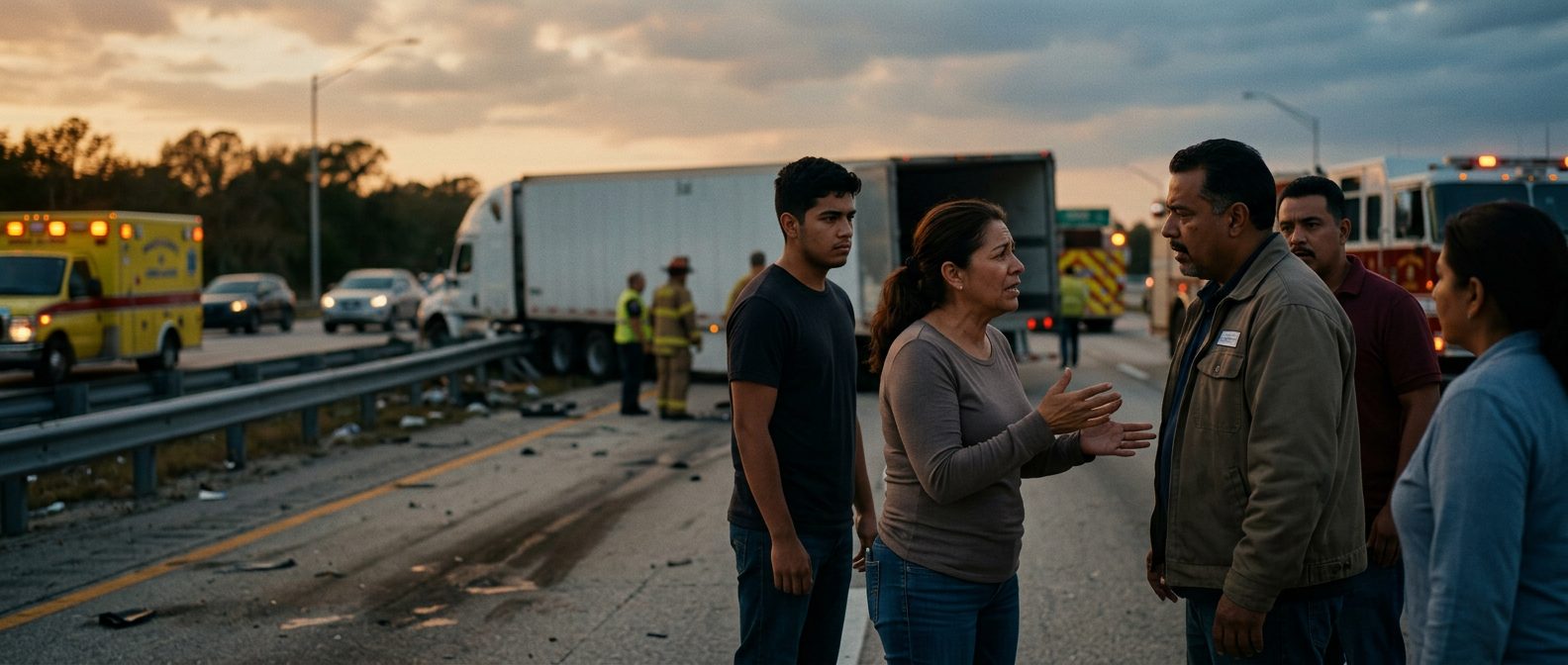 Colisión de camión comercial en carretera con personas hispanohablantes al atardecer.
