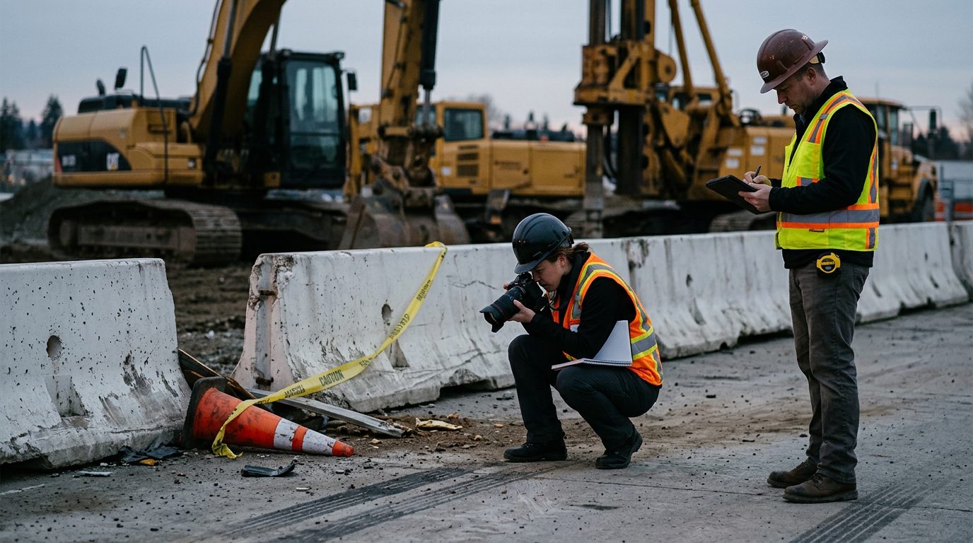 Crash investigators examining accident scene with heavy equipment and concrete barriers.