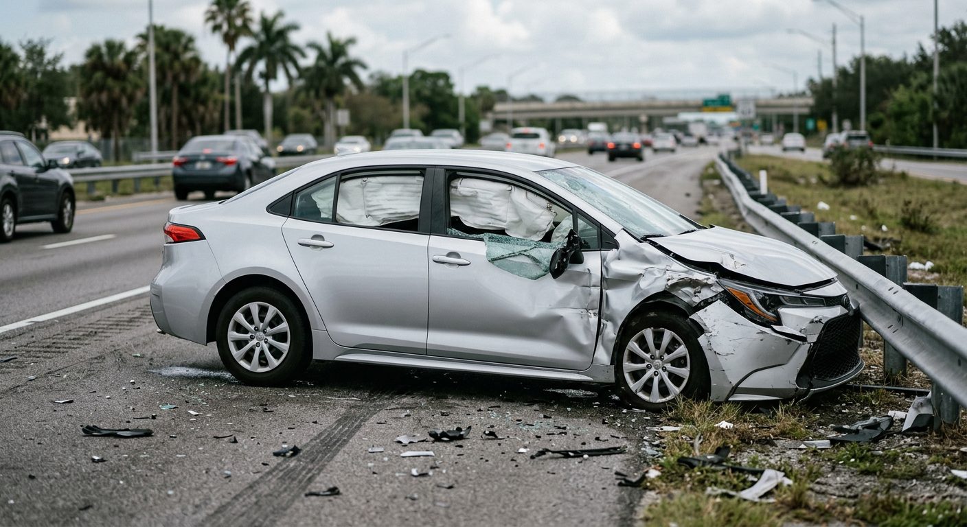 Damaged car with deployed airbags after a serious accident.
