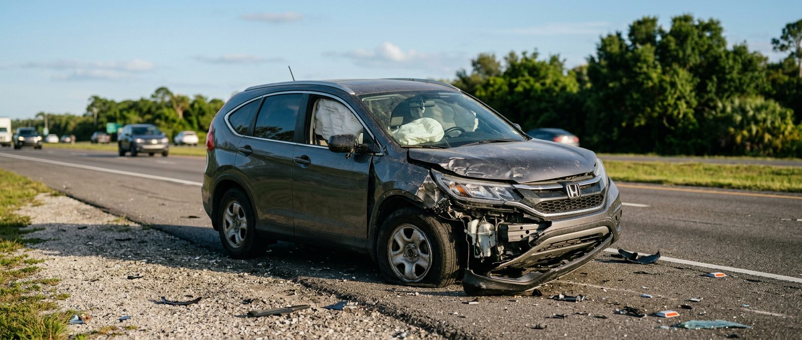 Damaged car with deployed airbags after a serious accident.