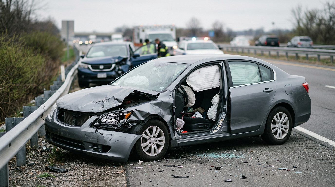 Damaged car with deployed airbags after a serious accident.
