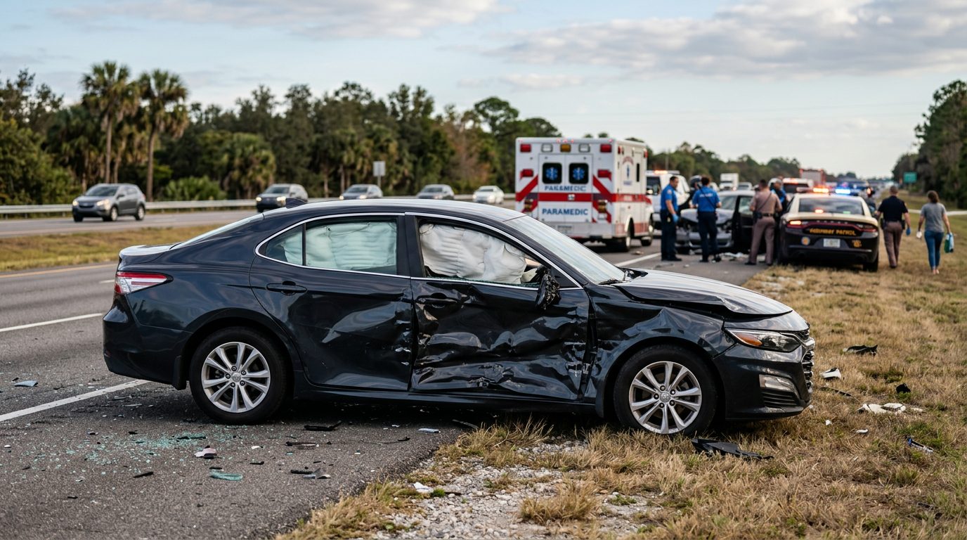 Damaged car with deployed airbags after a serious accident.
