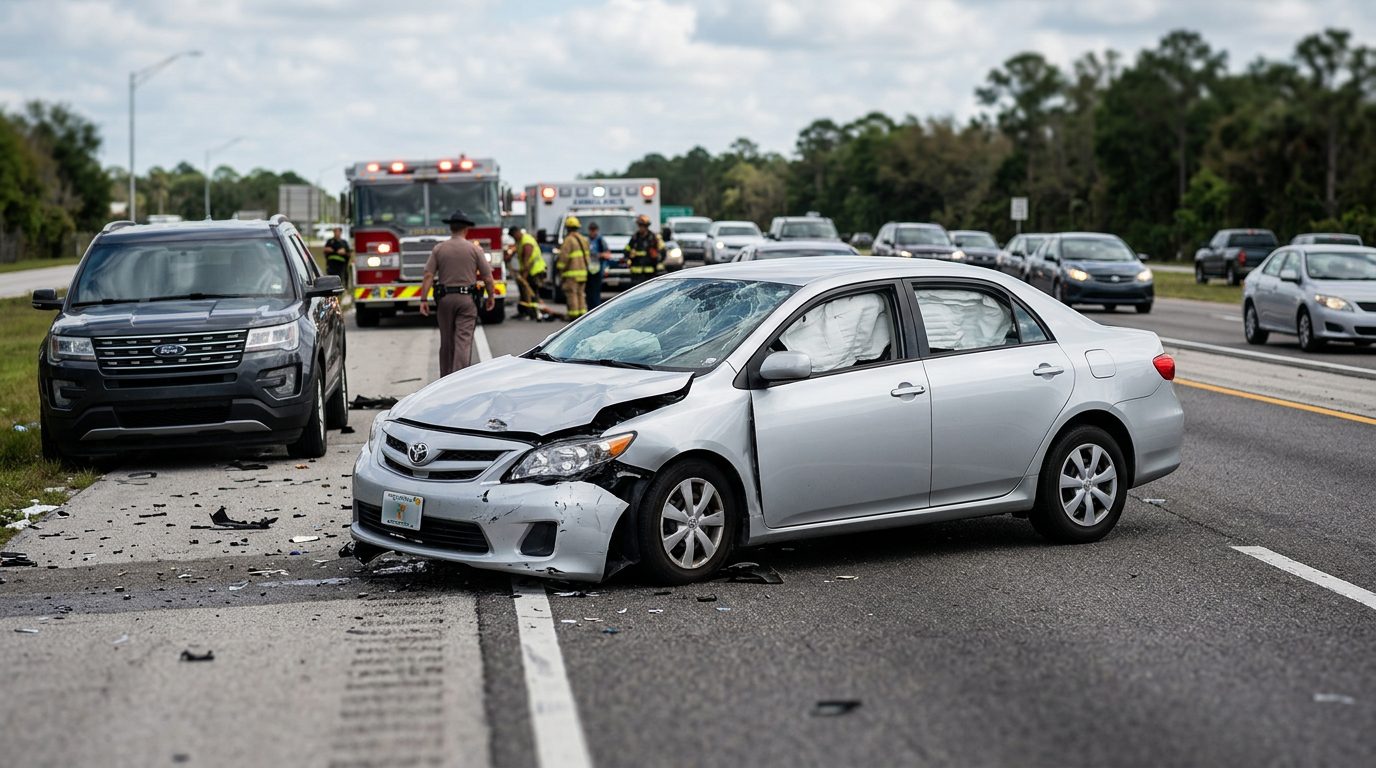 Damaged car with deployed airbags after a serious accident.