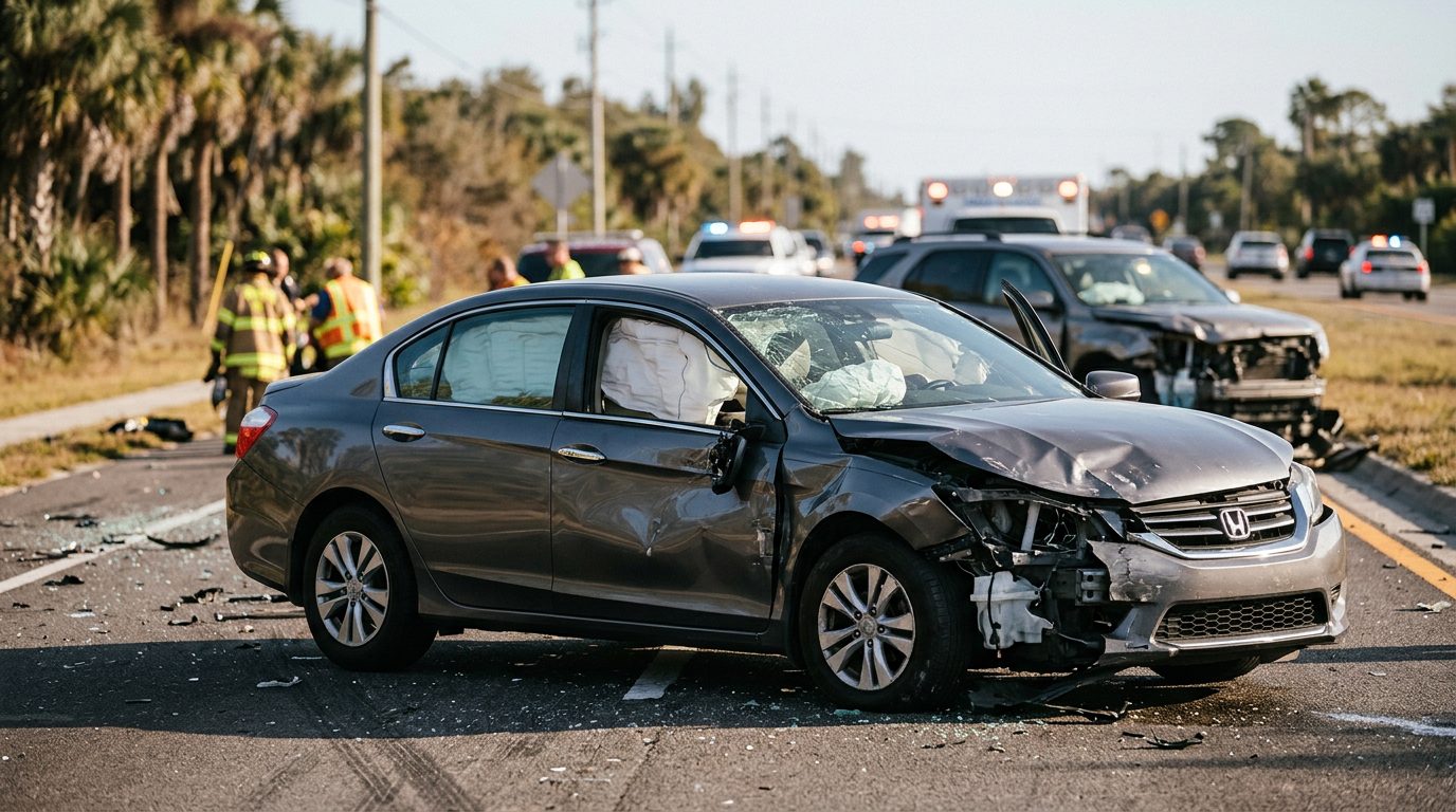 Damaged car with deployed airbags after a serious accident.