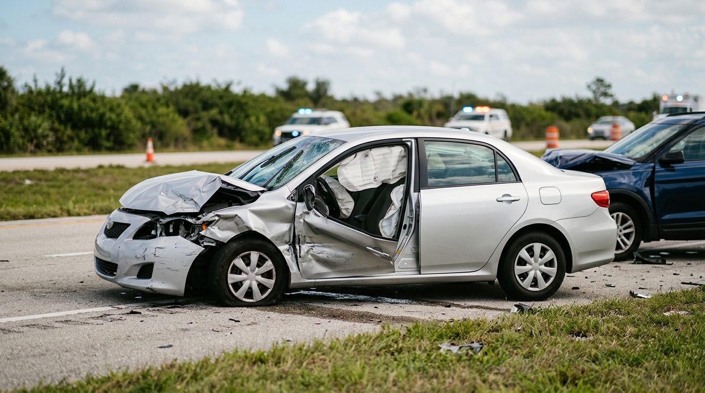 Damaged car with deployed airbags after a serious accident.