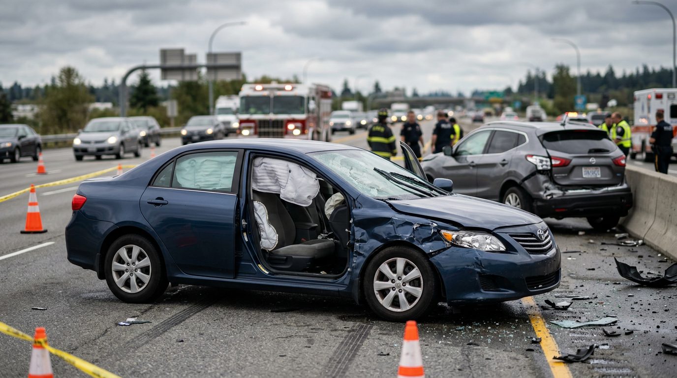 Damaged car with deployed airbags after a serious collision.