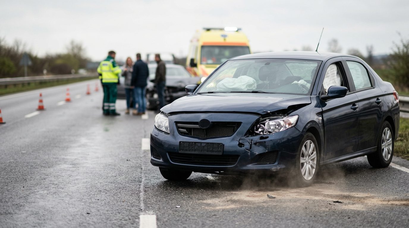 Damaged car with deployed airbags after a serious collision.