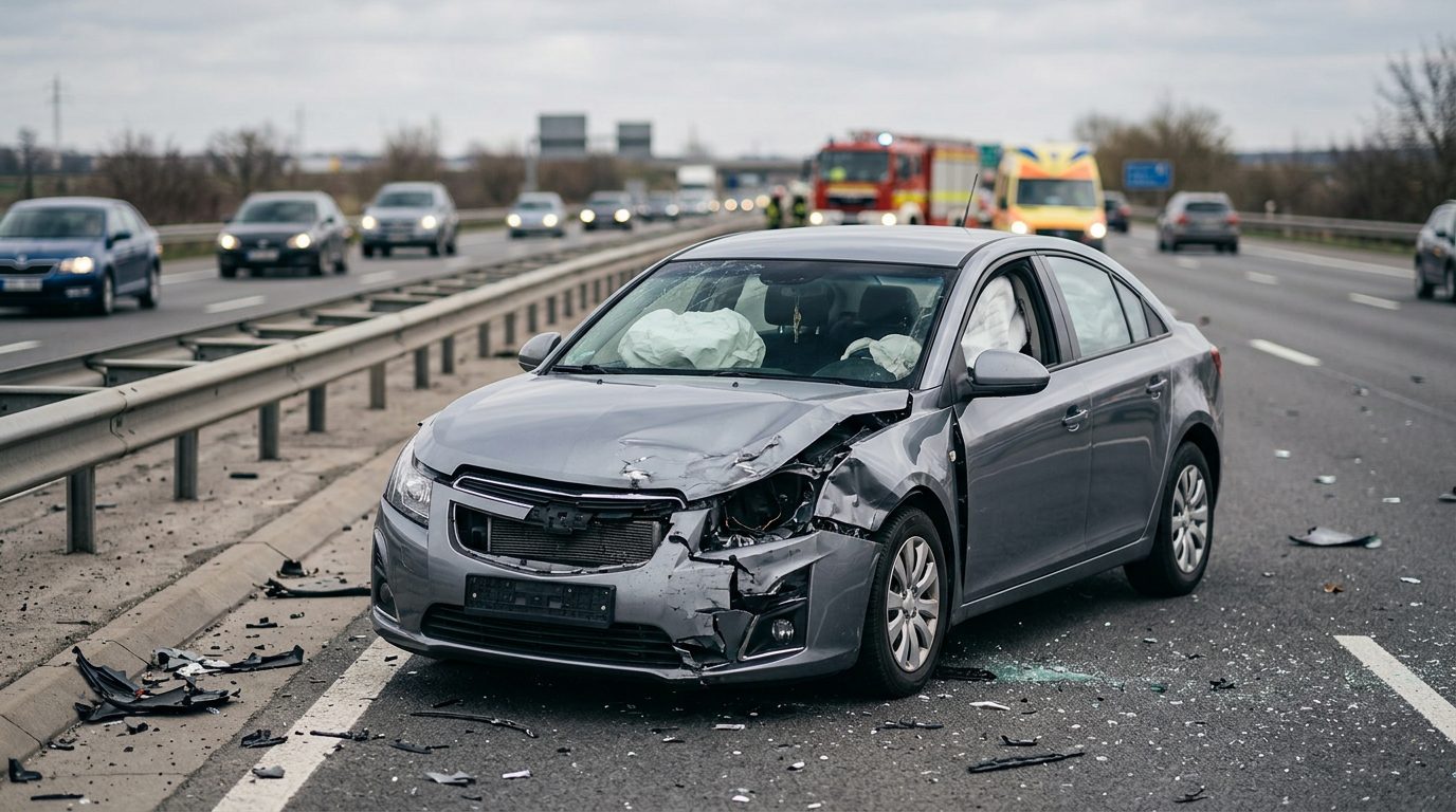 Damaged car with deployed airbags after a serious collision.
