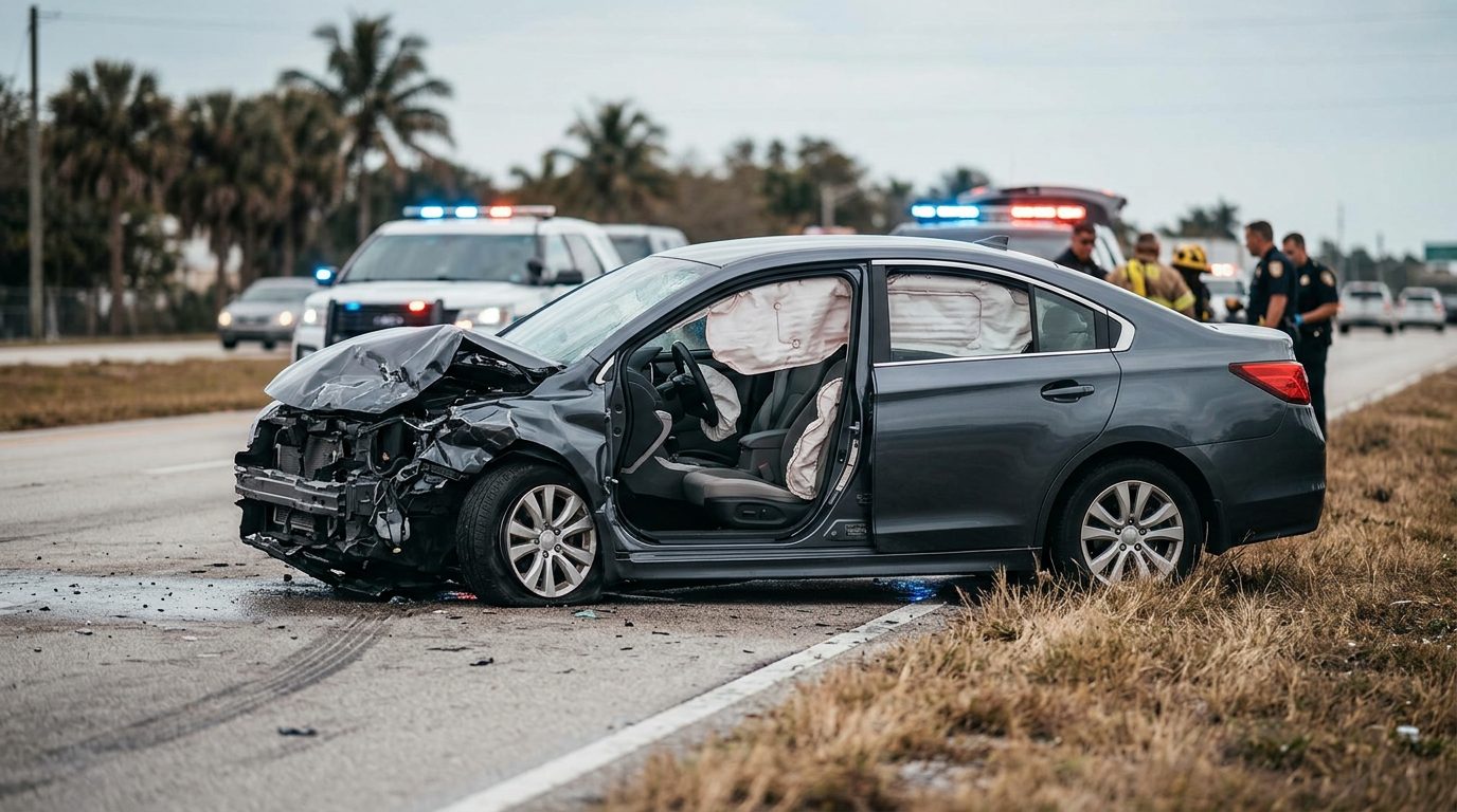 Damaged car with deployed airbags after a serious collision.