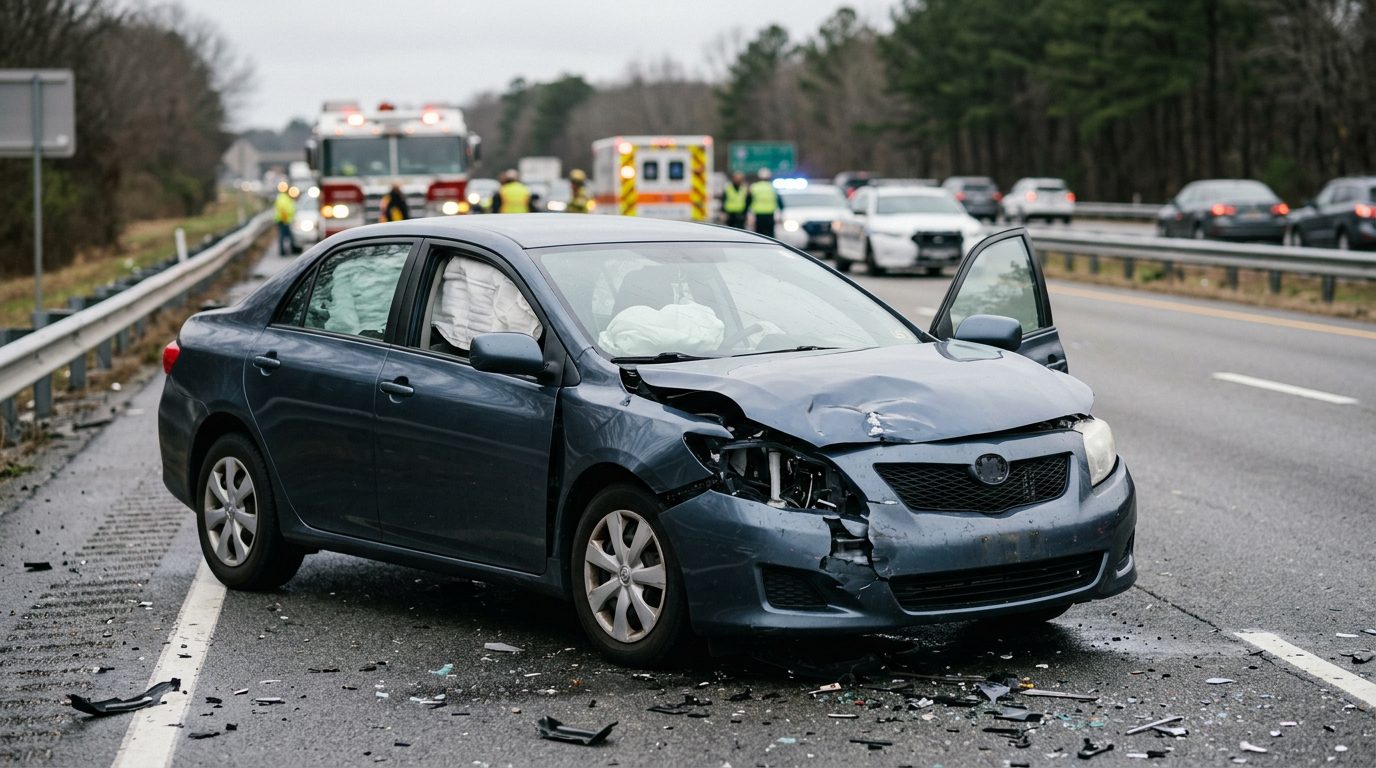 Damaged car with deployed airbags after a serious collision.