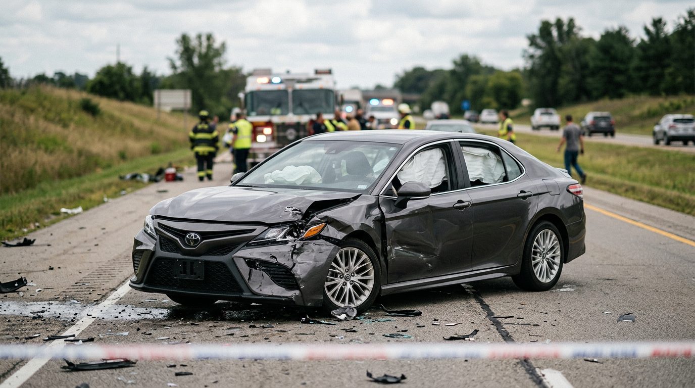 Damaged car with deployed airbags after a serious collision.
