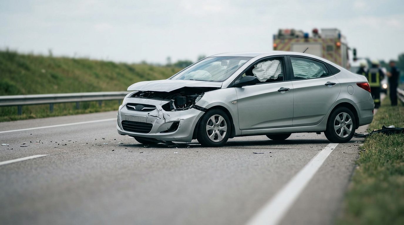 Damaged car with deployed airbags after a serious collision.