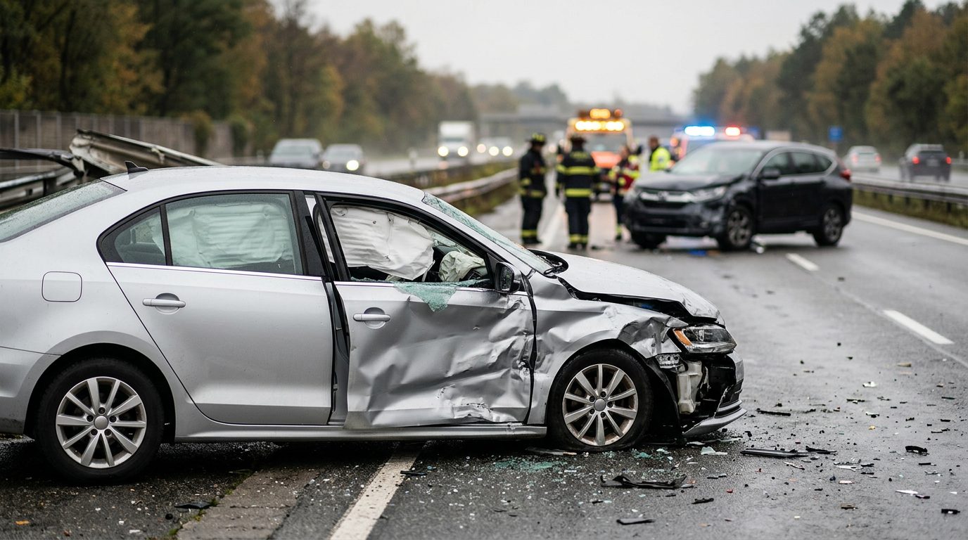 Damaged car with deployed airbags after a serious collision.