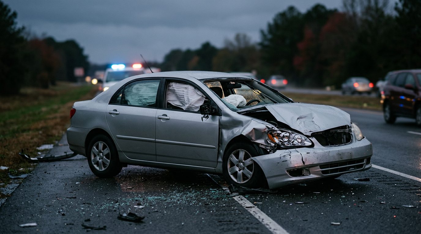Damaged car with deployed airbags after a serious collision.