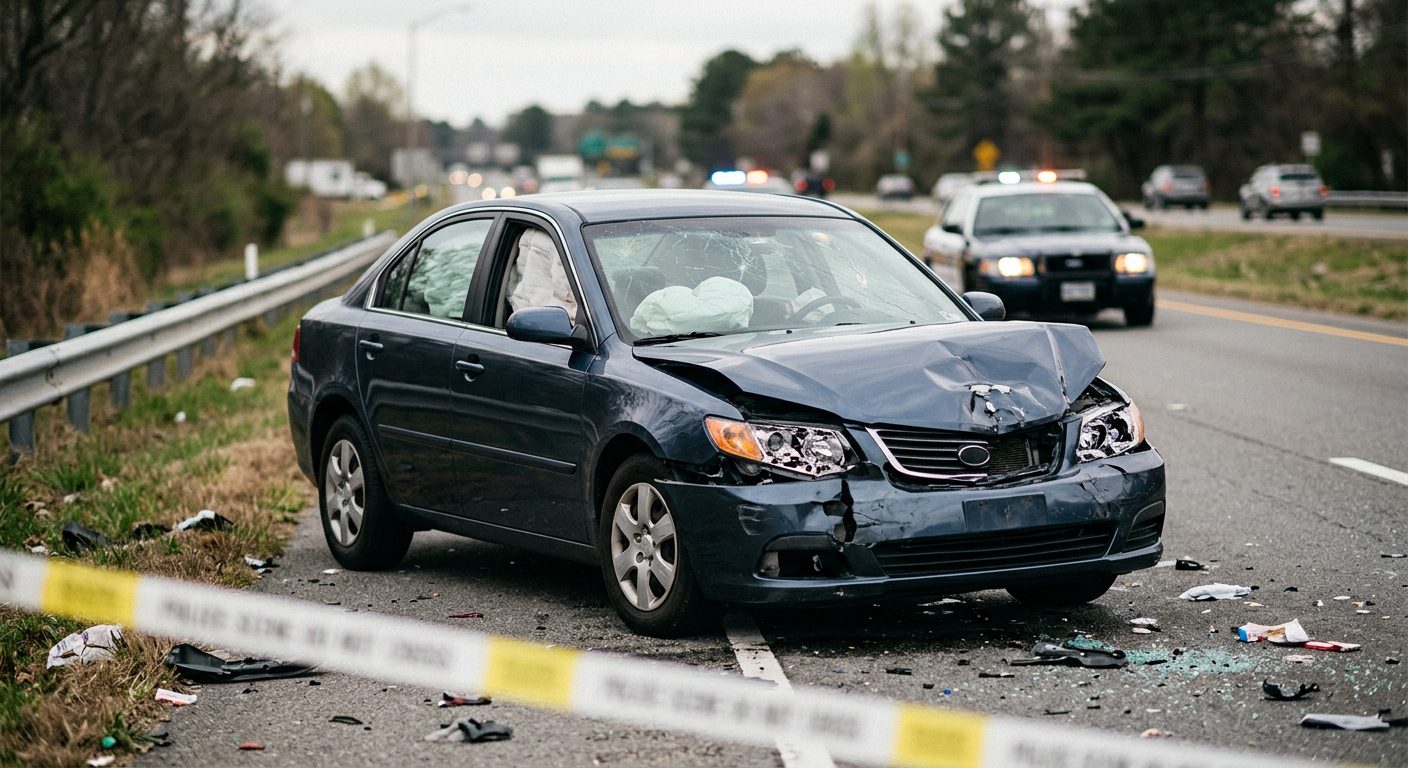 Damaged car with deployed airbags after a serious collision.