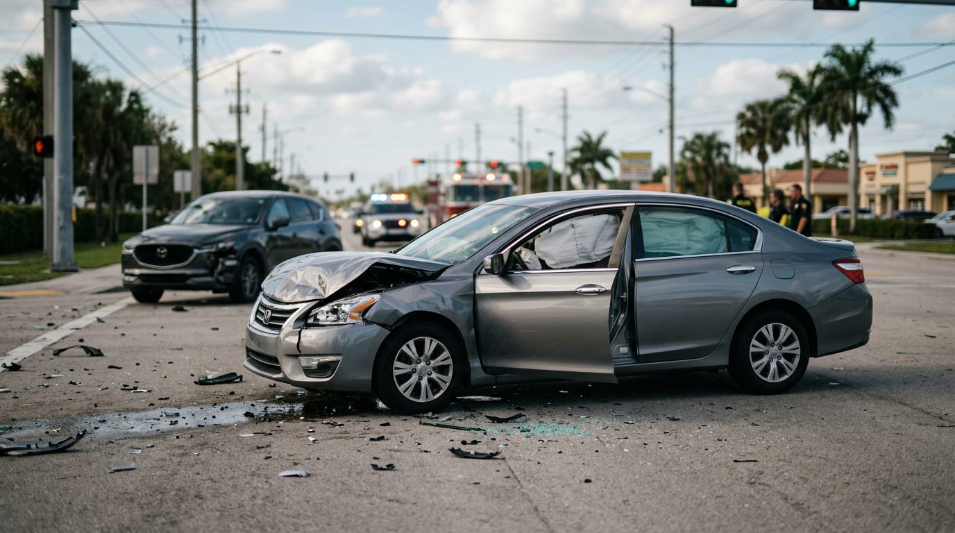 Damaged car with deployed airbags after serious accident in Deerfield Beach.