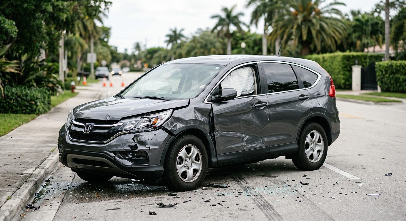 Damaged car with deployed airbags after serious accident in Pinecrest.