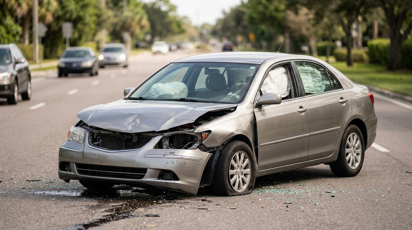 Damaged car with deployed airbags after serious accident in Richmond West, Florida.