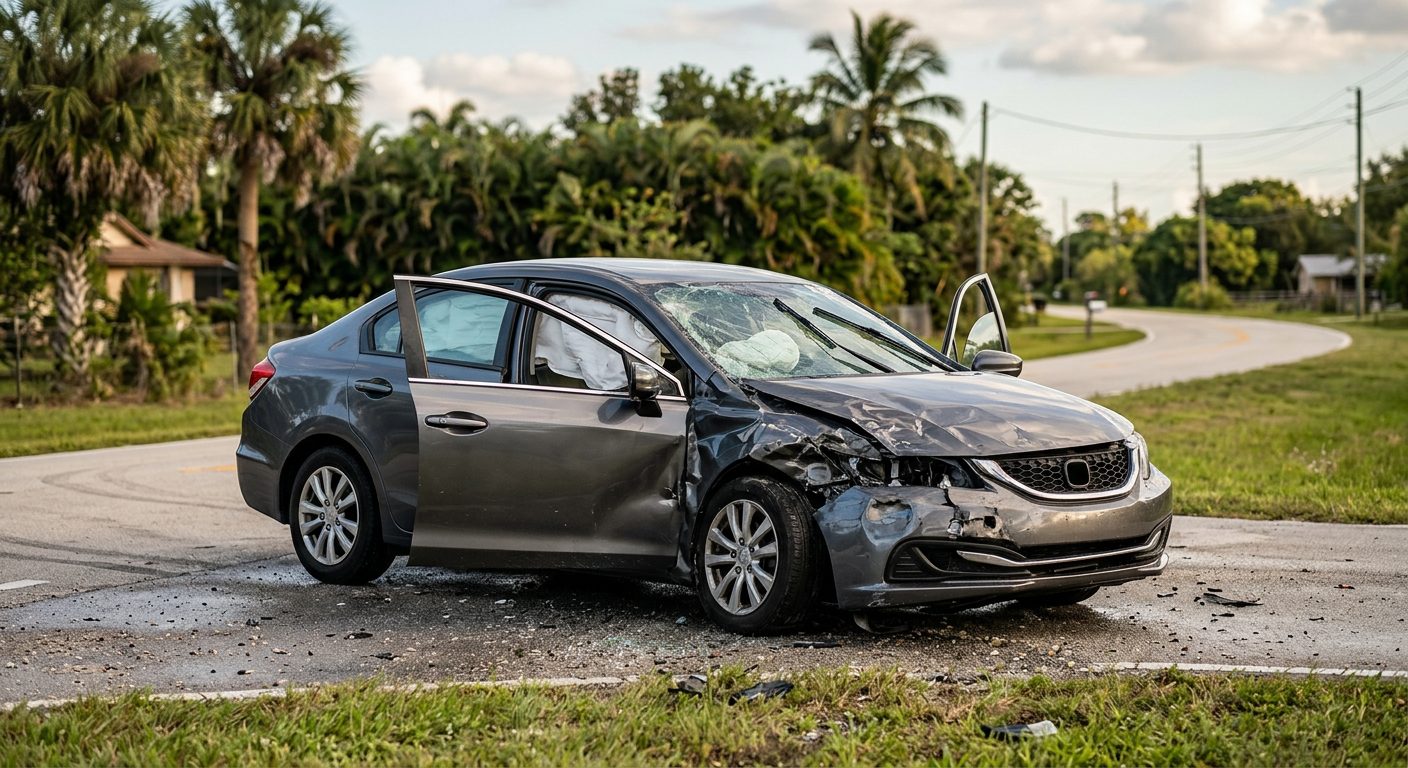 Damaged car with deployed airbags after serious accident.