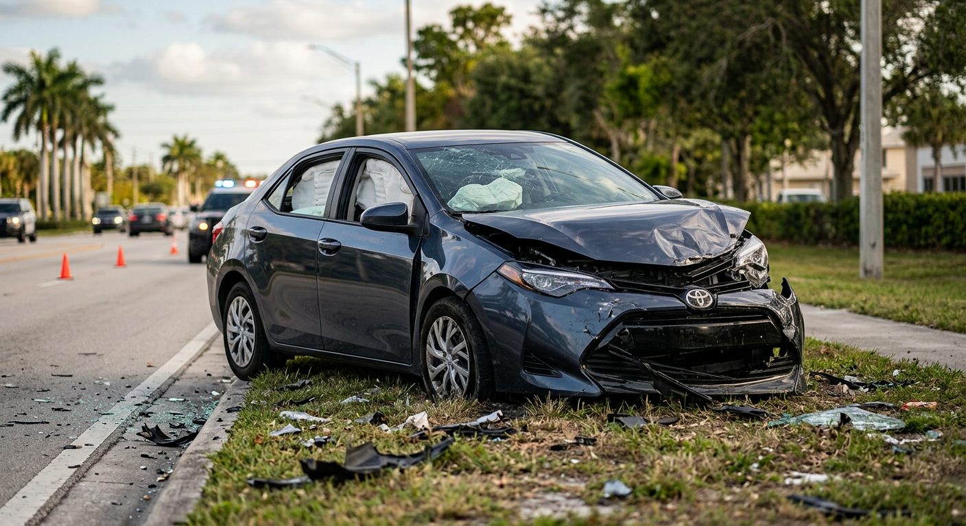 Damaged car with deployed airbags after serious accident.