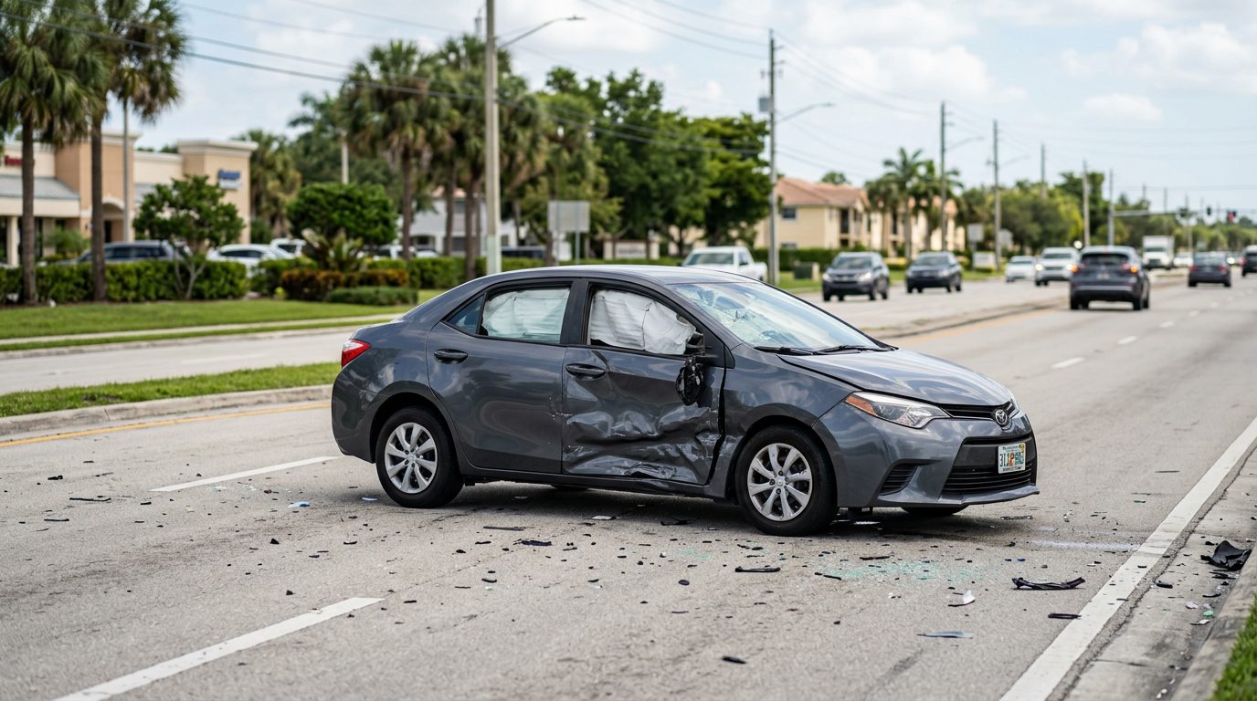 Damaged car with deployed airbags after serious accident.