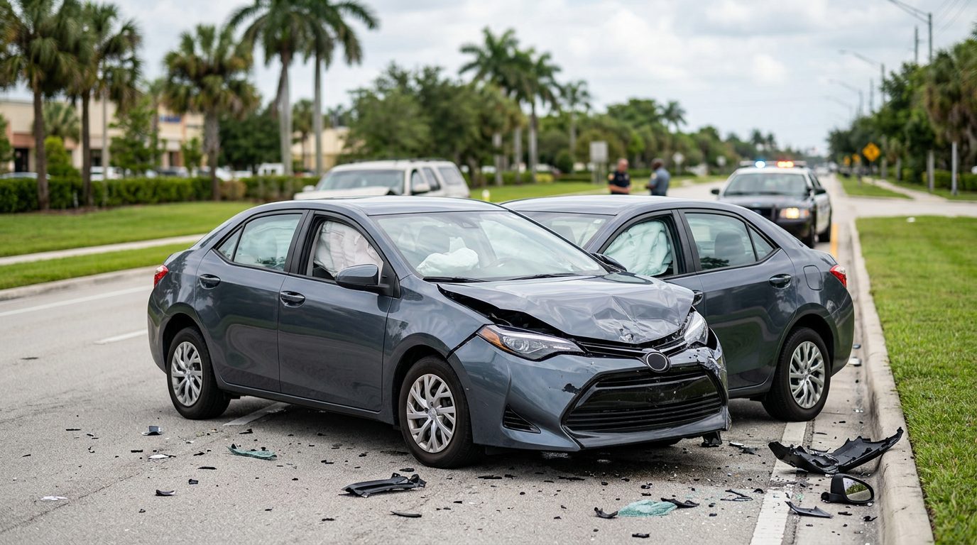 Damaged car with deployed airbags after serious accident.