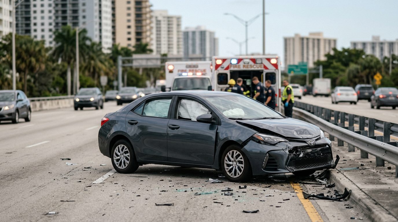 Damaged car with deployed airbags after serious accident.