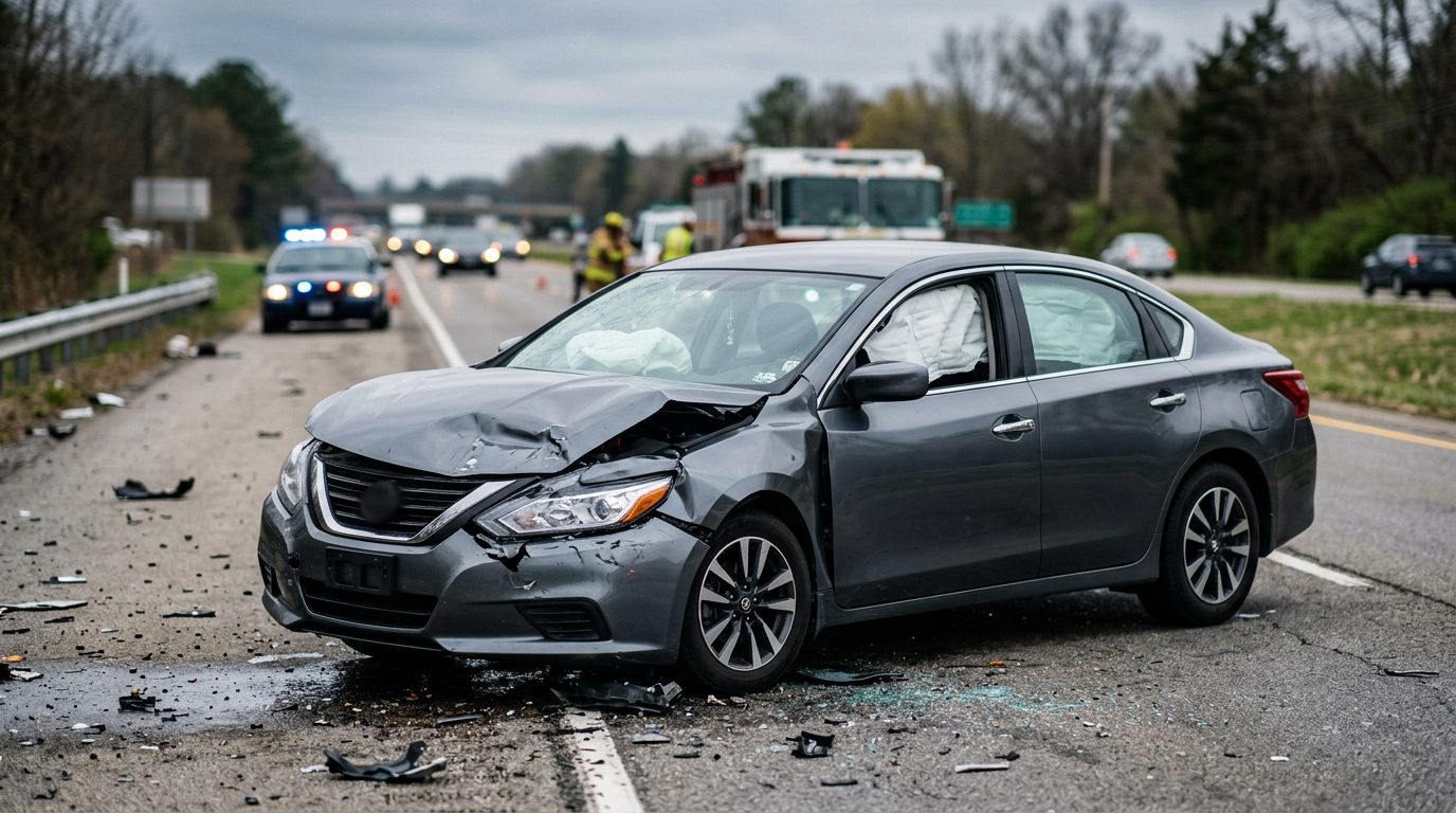 Damaged car with deployed airbags after serious accident.