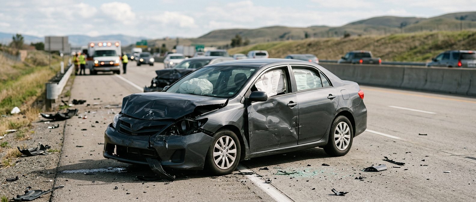 Damaged car with deployed airbags after serious accident.