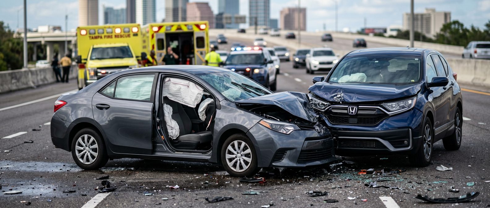Damaged car with deployed airbags after serious accident.