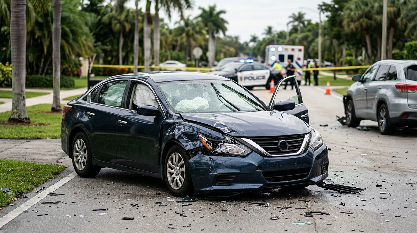 Damaged car with deployed airbags after serious accident.