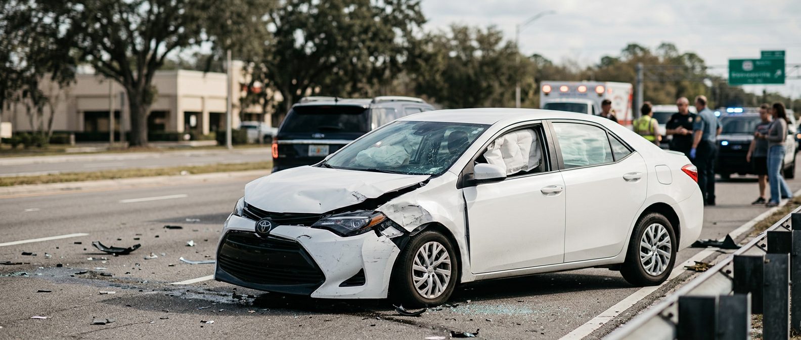 Damaged car with deployed airbags after serious accident.