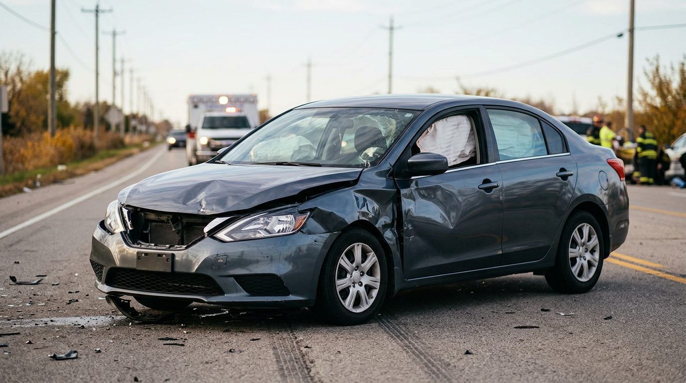 Damaged car with deployed airbags after serious accident.