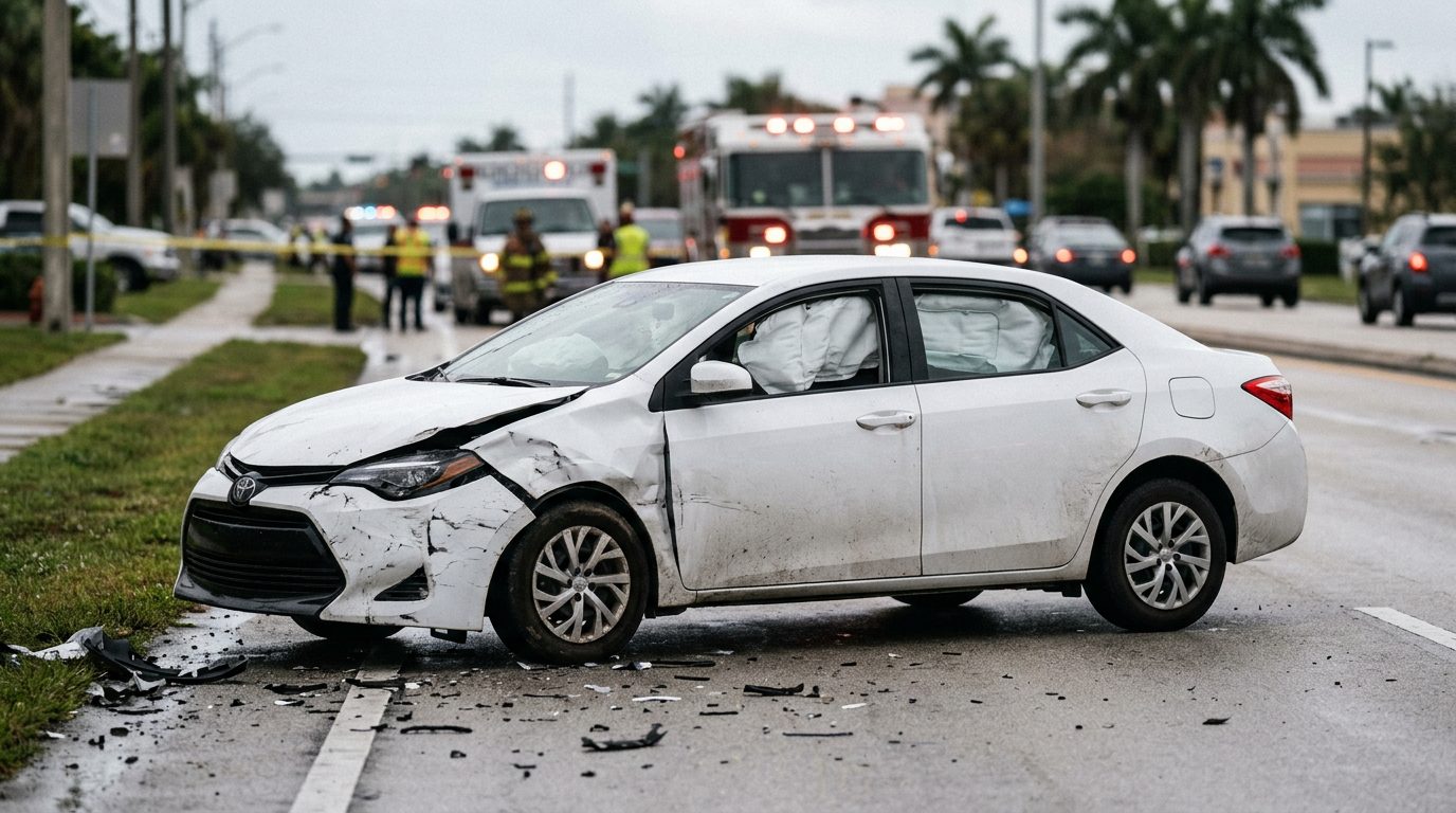 Damaged car with deployed airbags after serious accident.