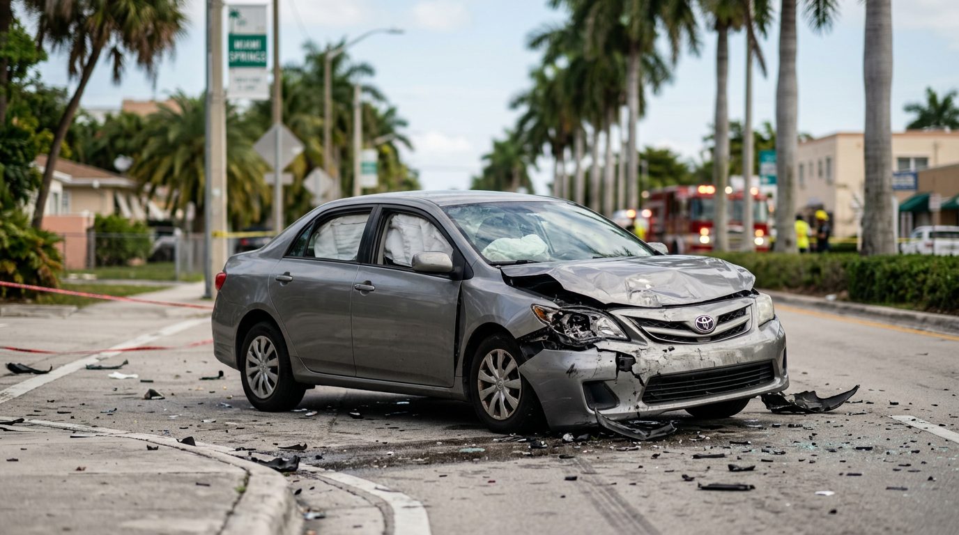 Damaged car with deployed airbags after serious accident.