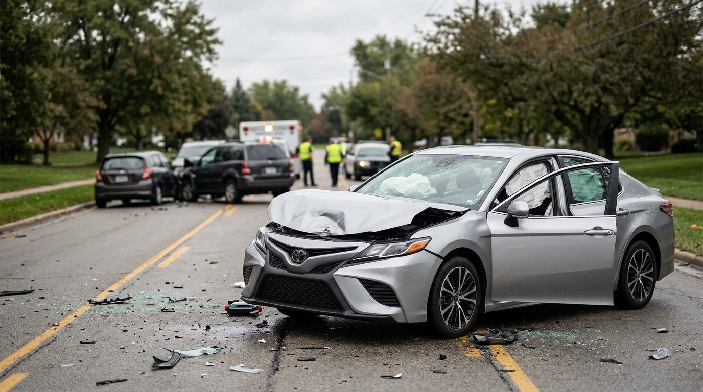 Damaged car with deployed airbags after serious collision.