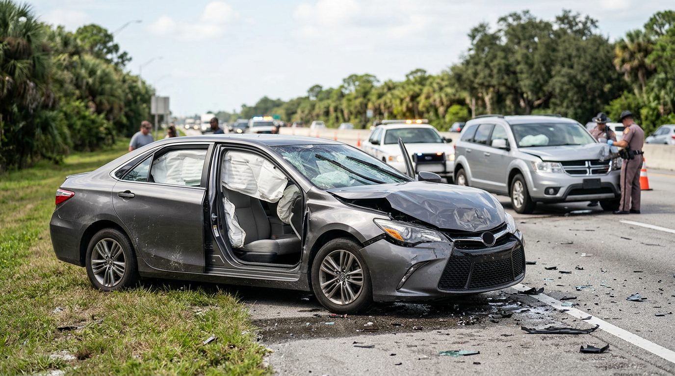 Damaged car with deployed airbags after serious collision.