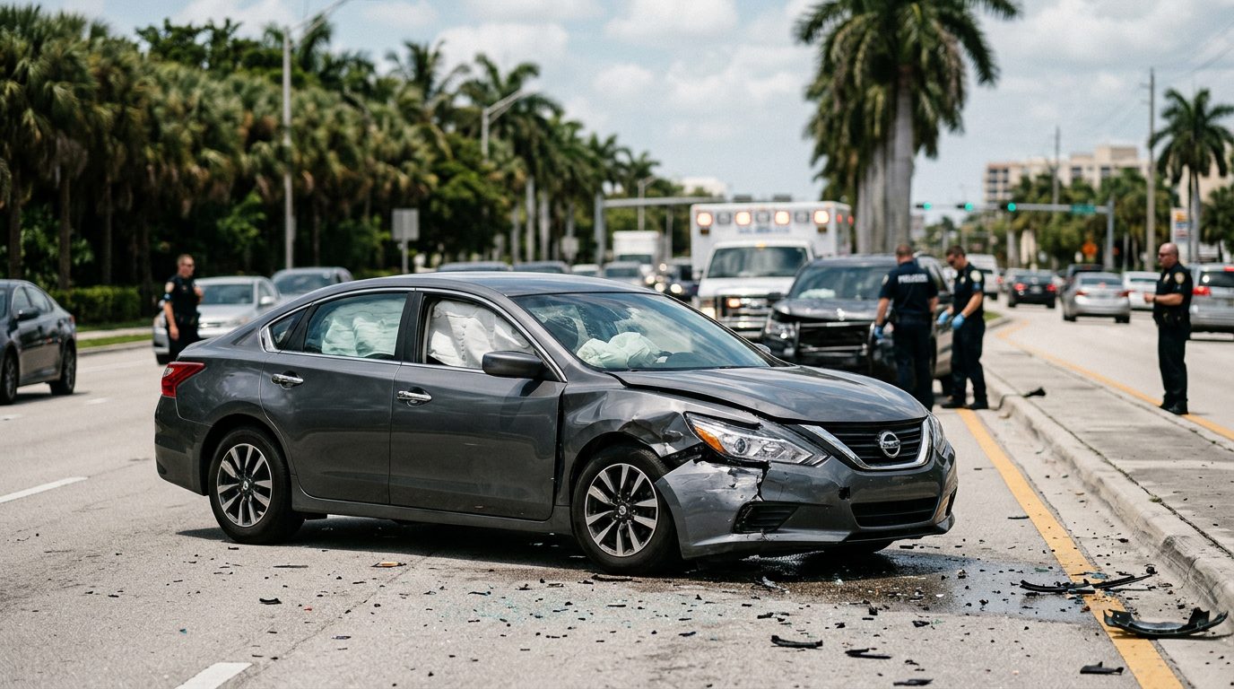 Damaged car with deployed airbags after serious collision.