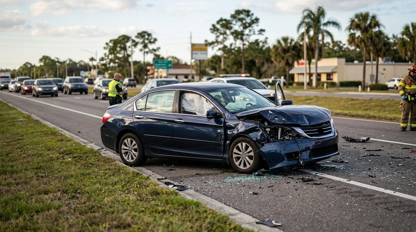 Damaged car with deployed airbags after serious collision.