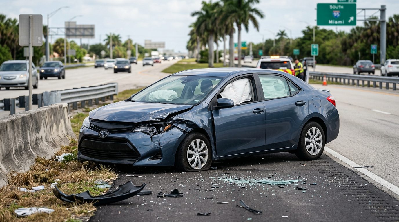 Damaged car with deployed airbags at the scene of a serious collision.