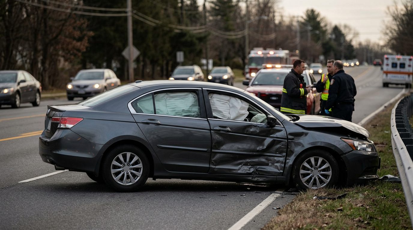 Damaged car with deployed airbags following a serious accident.
