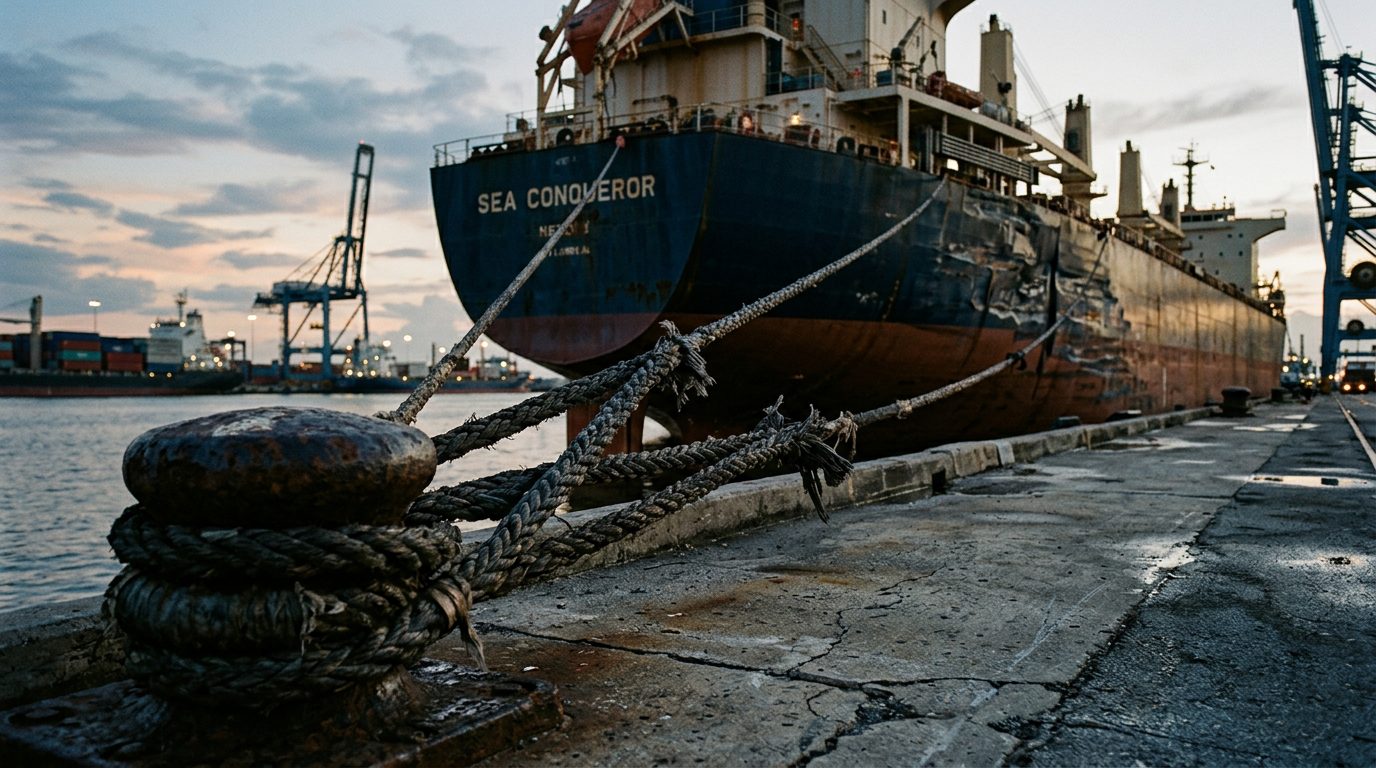 Damaged cargo ship with broken mooring lines at harbor after maritime incident.