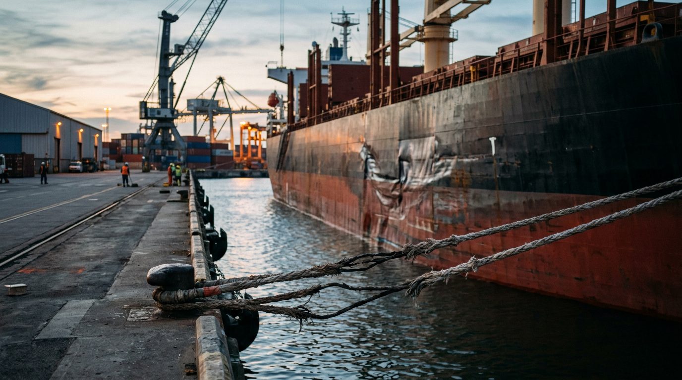 Damaged cargo ship with cracked mooring lines at harbor after maritime incident.