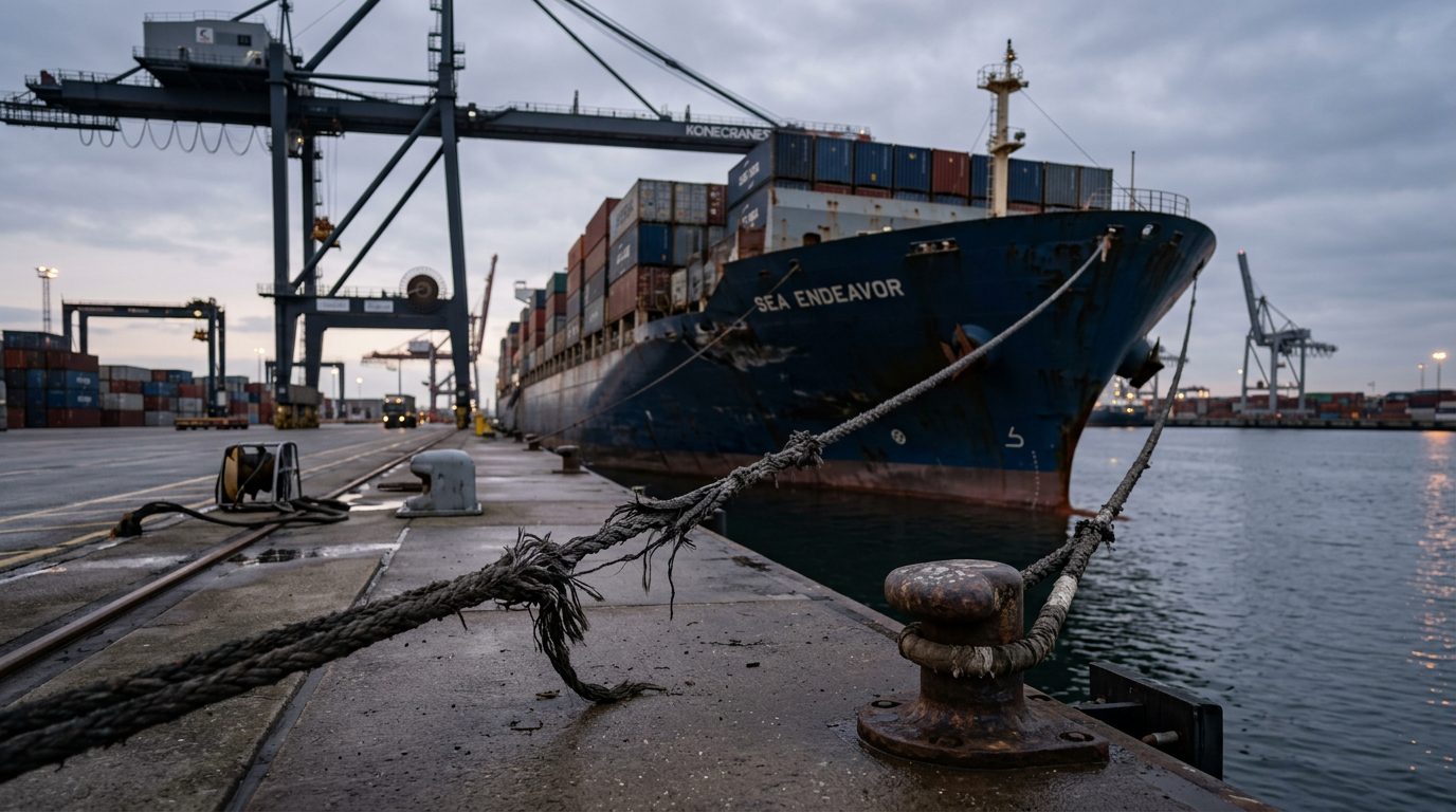 Damaged cargo ship with cracked mooring lines at harbor terminal after maritime incident.