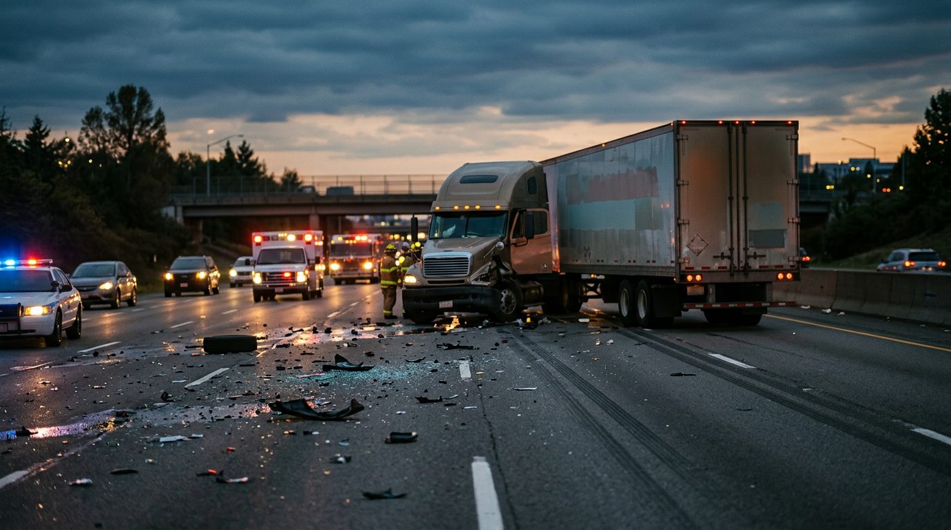 Damaged commercial truck on highway after collision at dusk.