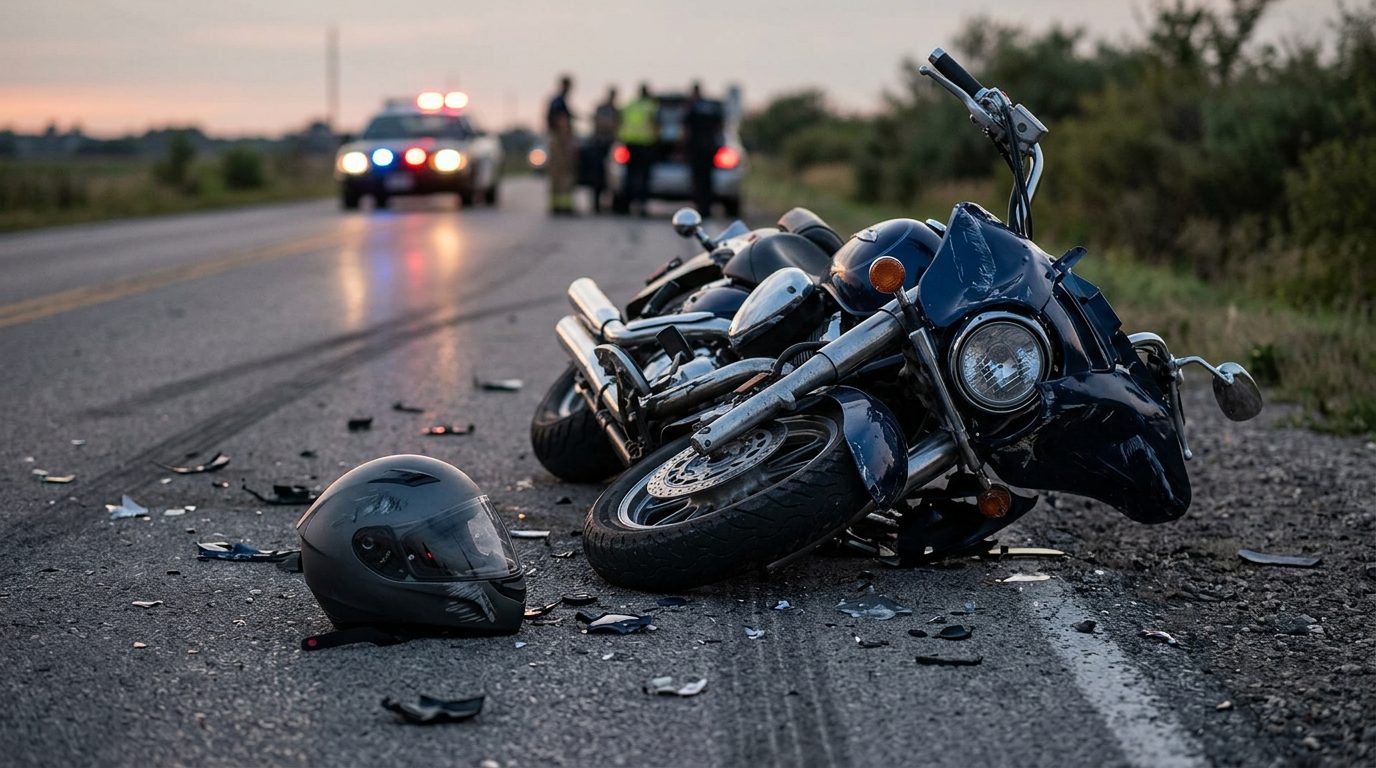 Damaged motorcycle and helmet on pavement after collision at dusk.