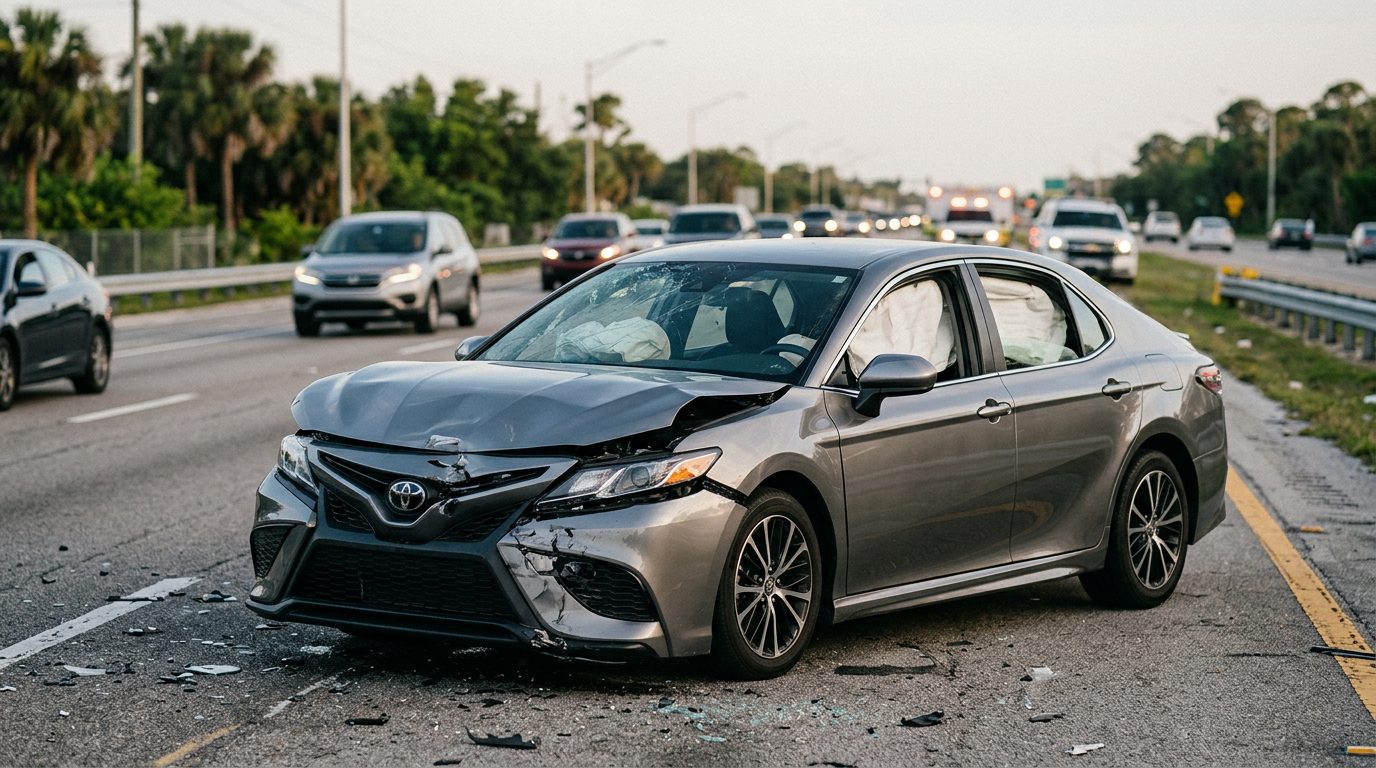 Damaged passenger car with deployed airbags after a serious collision, photographed from a distance.