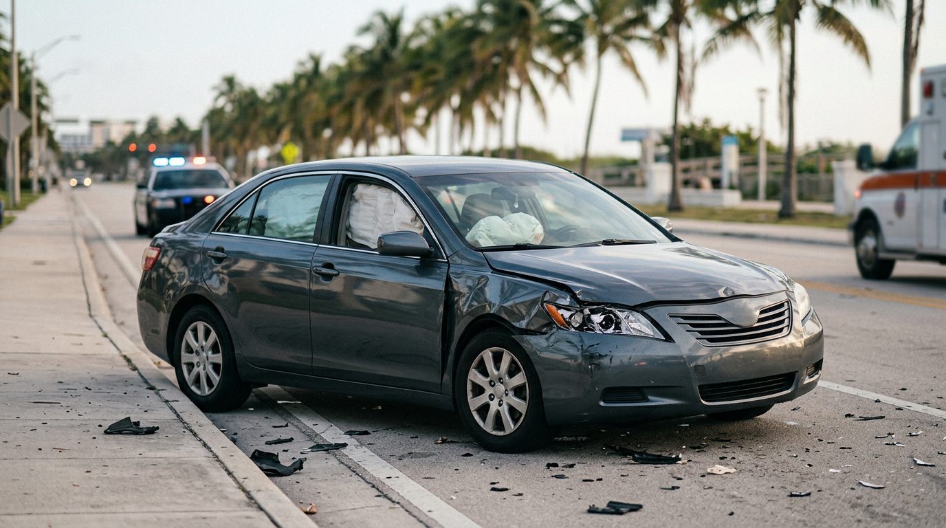 Damaged passenger car with deployed airbags after a serious collision, photographed from a safe distance.