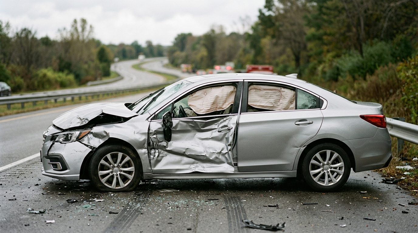 Damaged passenger car with deployed airbags after a serious collision, photographed from a safe distance.