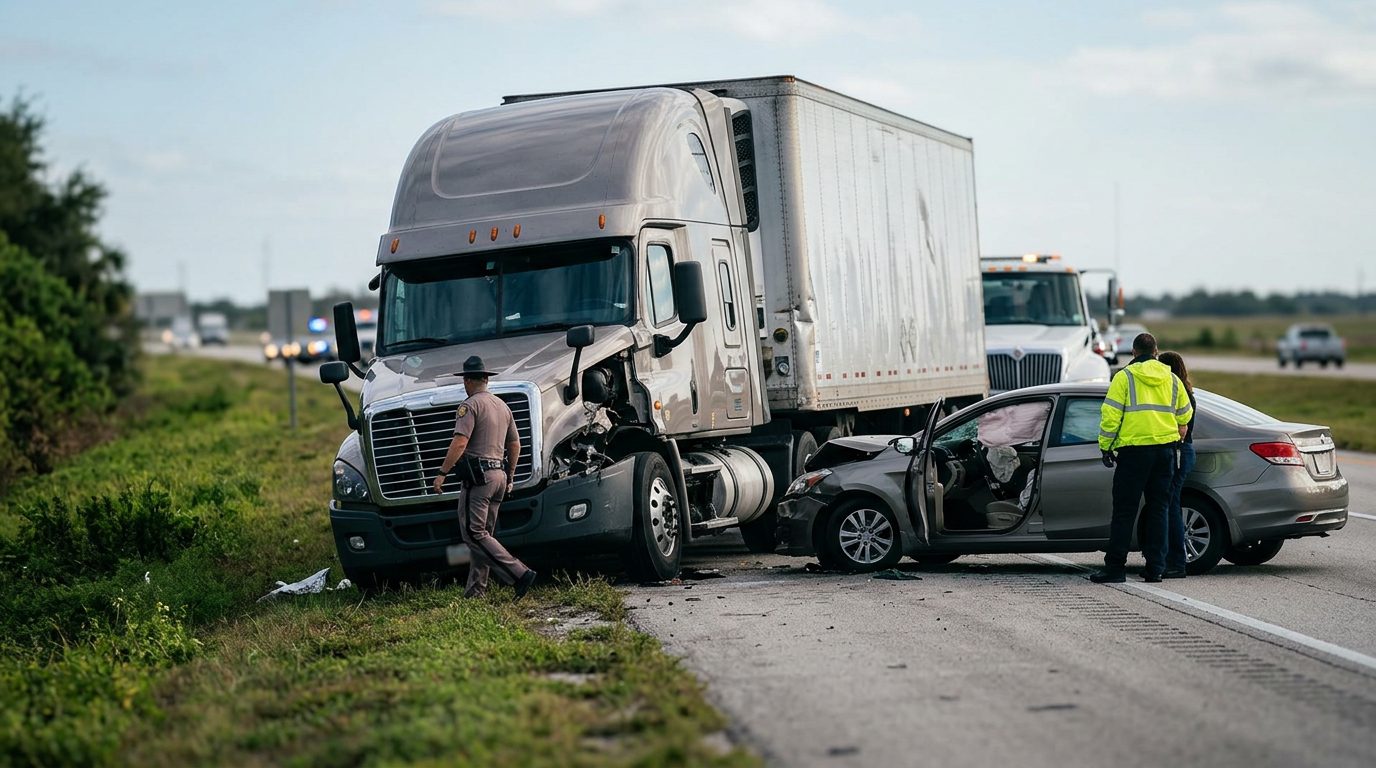 Damaged semi truck and passenger vehicle after a serious collision.